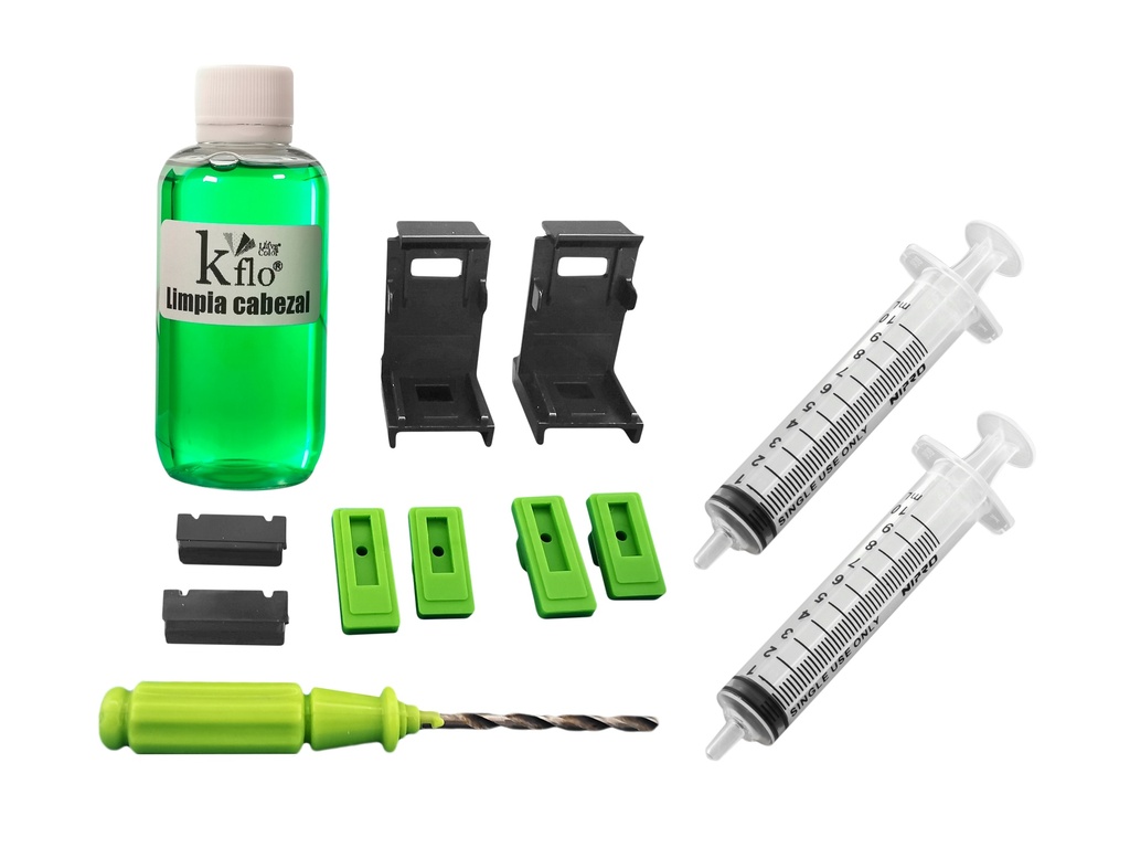 Kflo® Kit Universal 2 Clips De Purga, Liquido, 2 Jeringas Y Perforador De Cartucho De Tinta Hp Y Canon